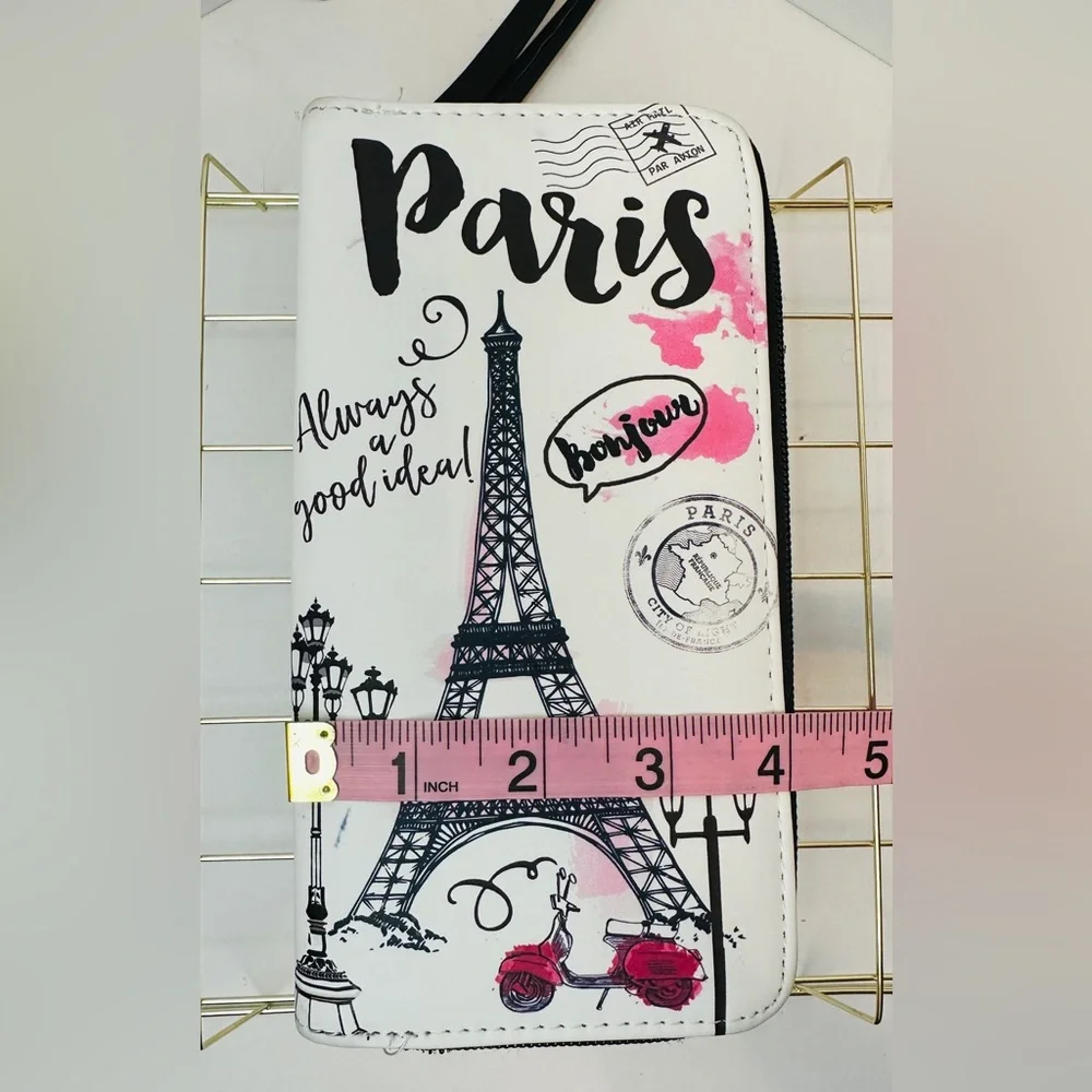 Claire’s Paris Zippered Accordion Wallet Wristlet Watercolor Style Pink & Black